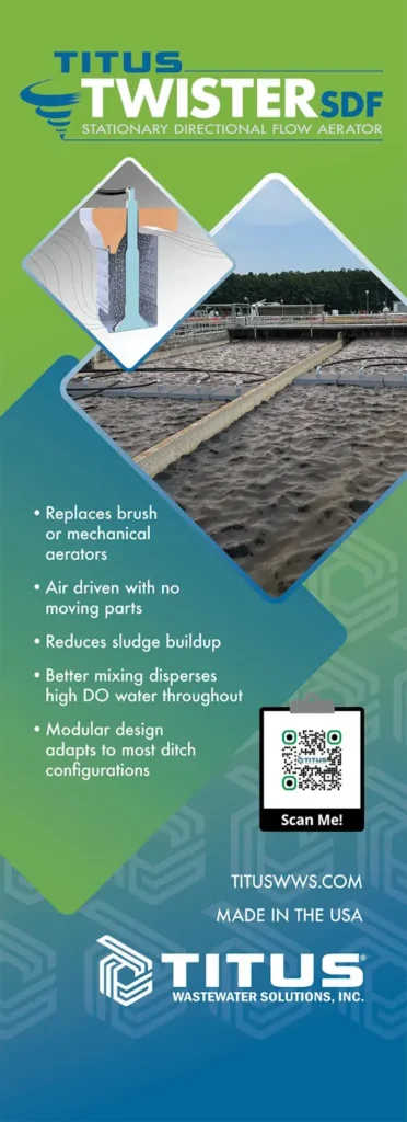 Titus Twister SDF Aerator system shown in an oxidation ditch with a diagram illustrating its airlift and mixing design.
