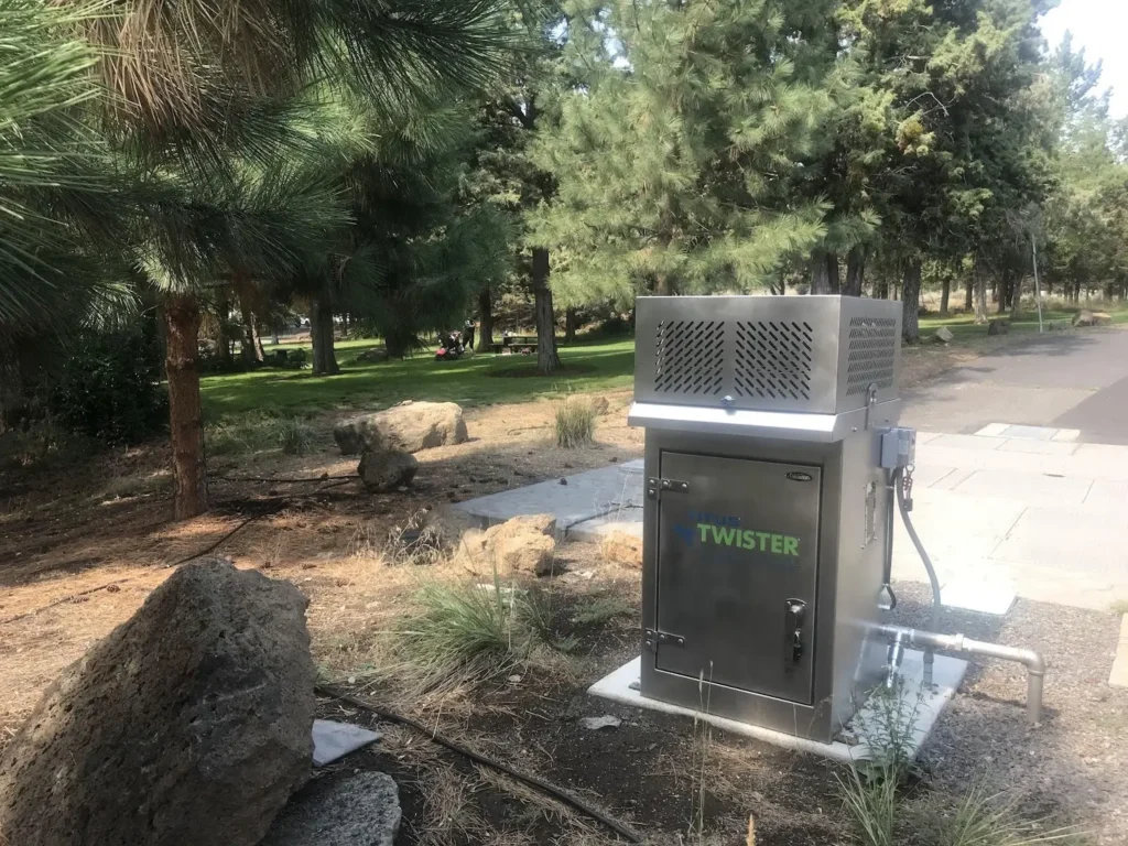 Wastewater odor control infrastructure at a municipal pump station. 