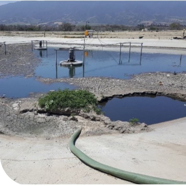 Partially drained wastewater lagoon during maintenance operations, showing the scale of sludge accumulation and the disruption that lagoon dredging requires. 
