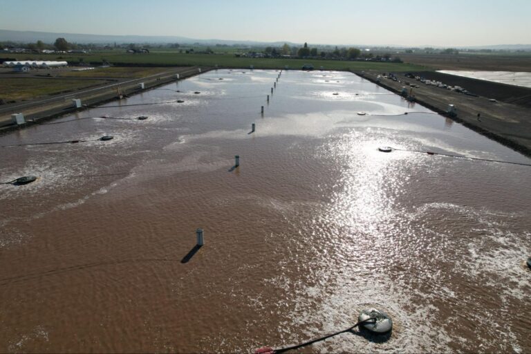 Aerial view of a large rectangular wastewater lagoon with surface aerators in operation, illustrating the scale of a municipal lagoon treatment system.