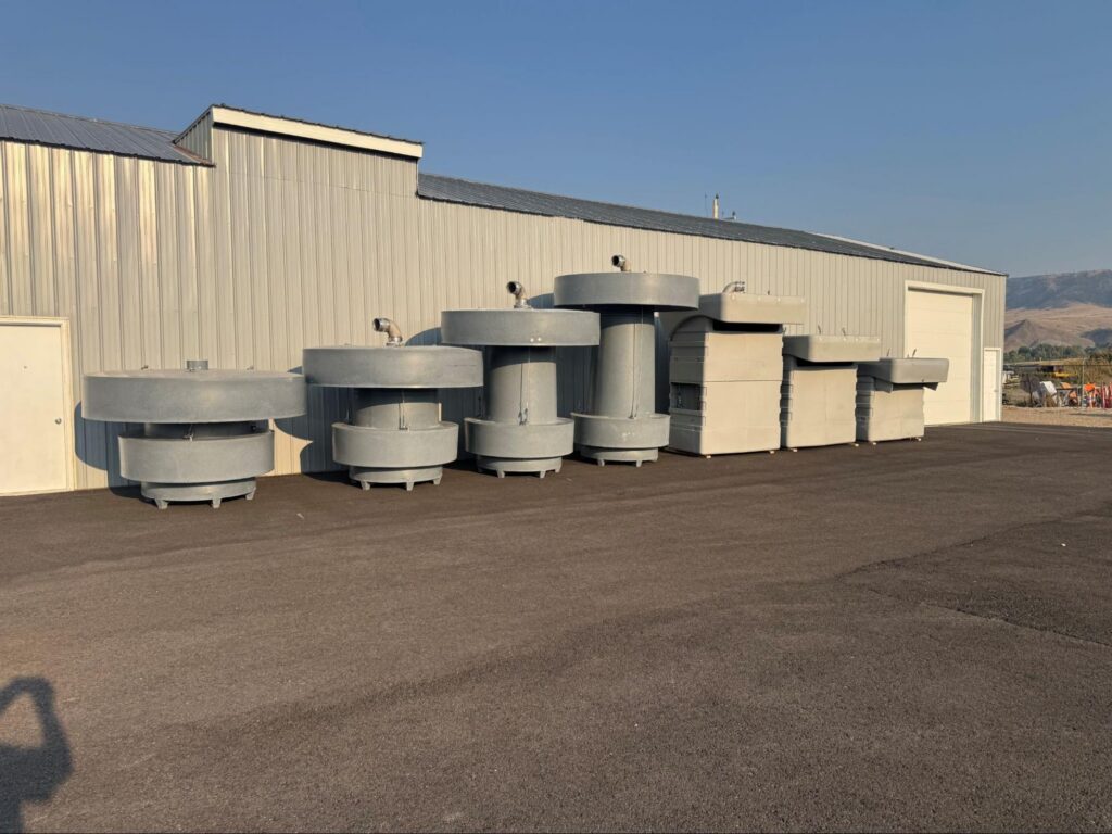 Titus Twister aerator units in a range of sizes staged outside the manufacturing facility.